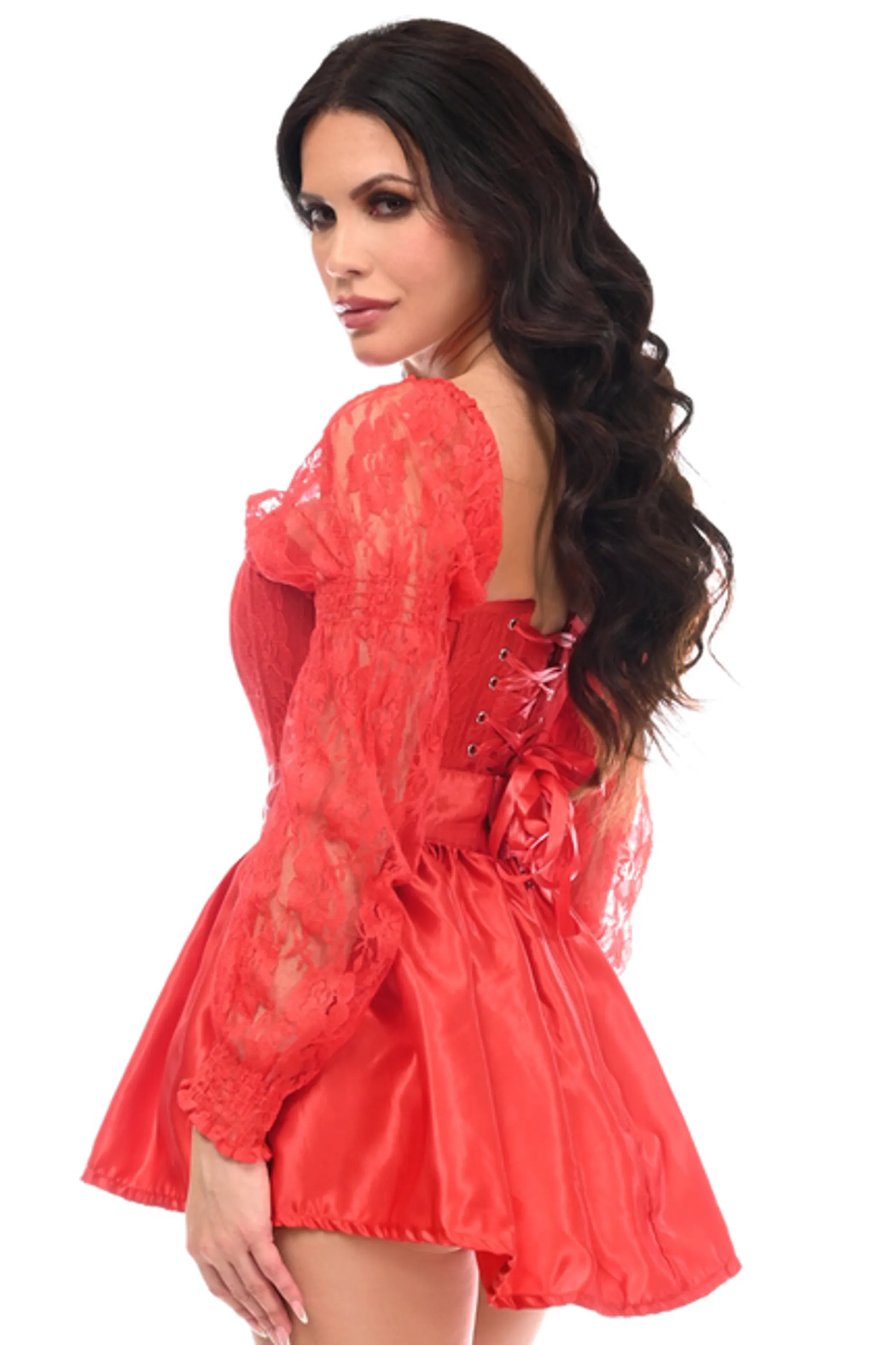 Top Drawer 2 PC Red Lace Steel Boned Corset & Satin Skirt Set