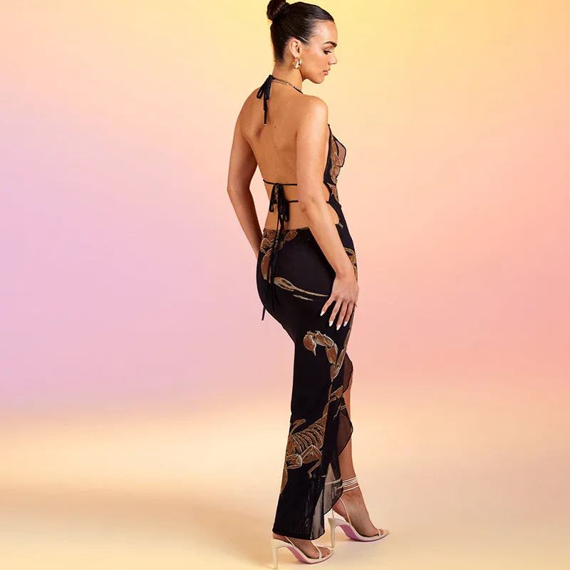 Women's Fashion Printed Halter Strap Long Dress