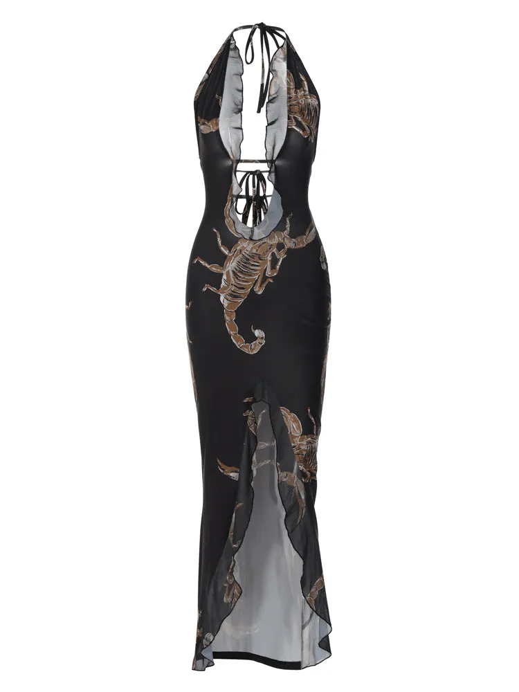 Women's Fashion Printed Halter Strap Long Dress